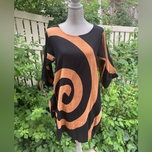 YASUKO Black Tan Lagenlook Geometric 100% Cotton Dress Tunic Size S/M - Picture 1 of 14